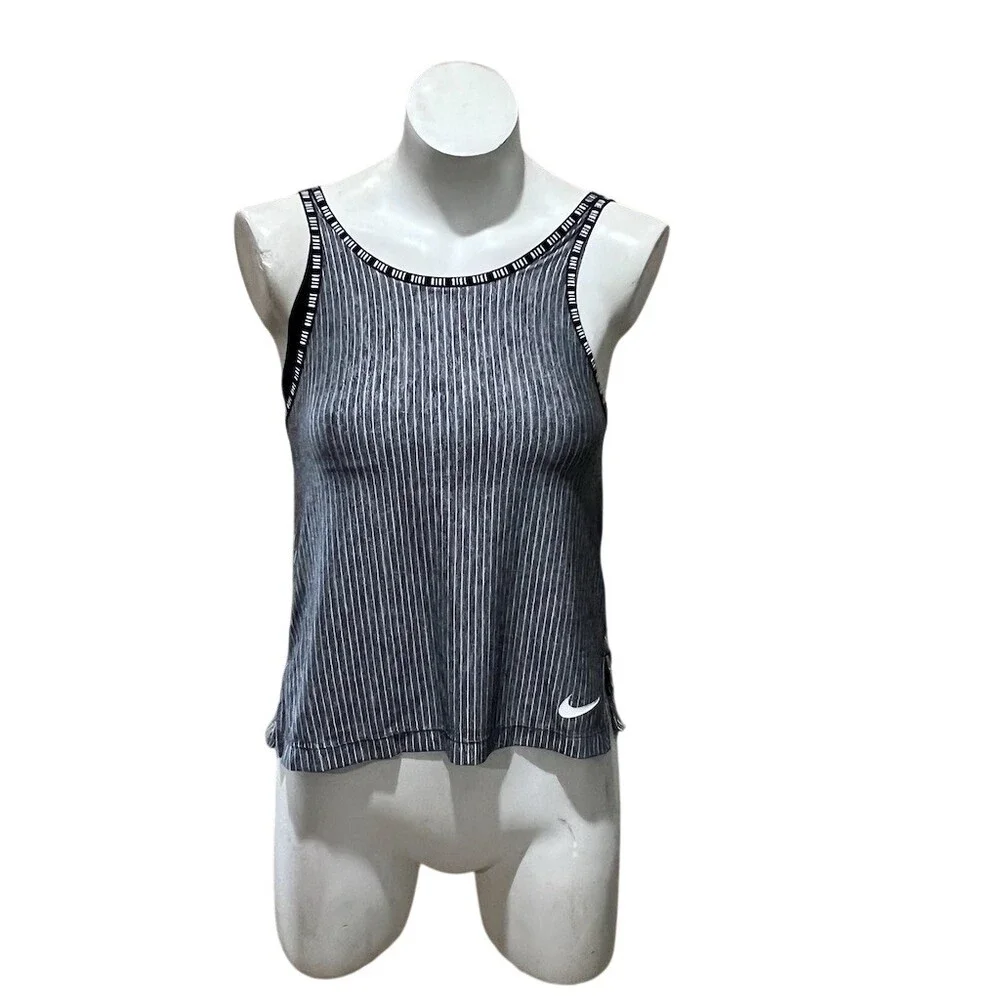 Nike Dri-FIT Girls Tank Top Size M Black Gray Pinstripe Built-In Bra